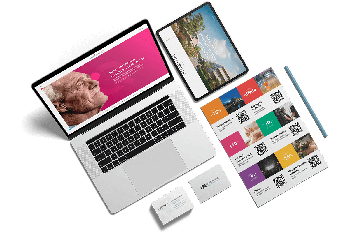 Ordinateur avec création de site, tablette avec site responsive, carte de visite et brochures réalisés par l'agence de communication igeneve